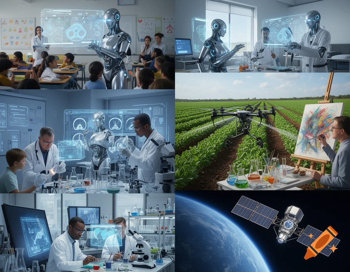 A collage of six scenes showing AI and human collaboration in science, education, agriculture, and space exploration.