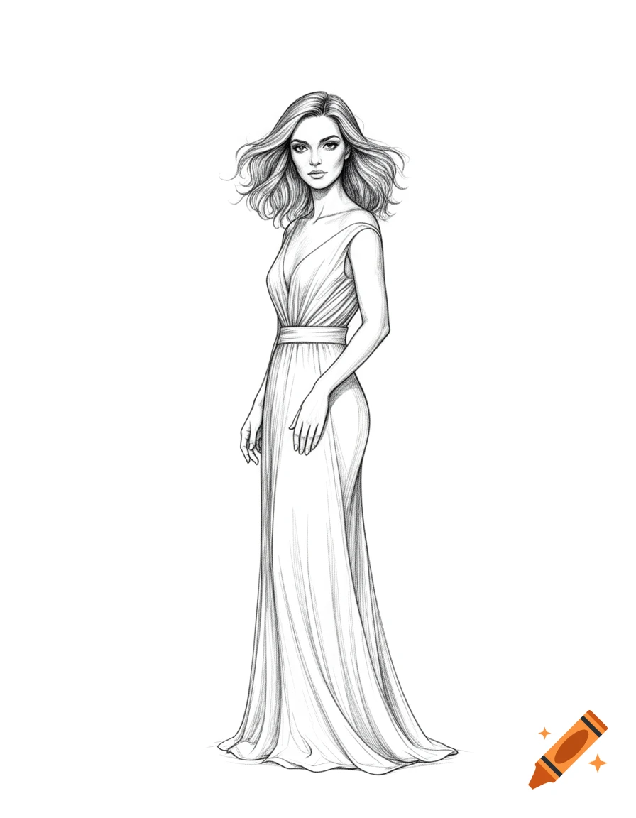 Full-body line art sketch of a woman with medium long, wavy hair wearing a long, flowing dress with a deep V-neck.