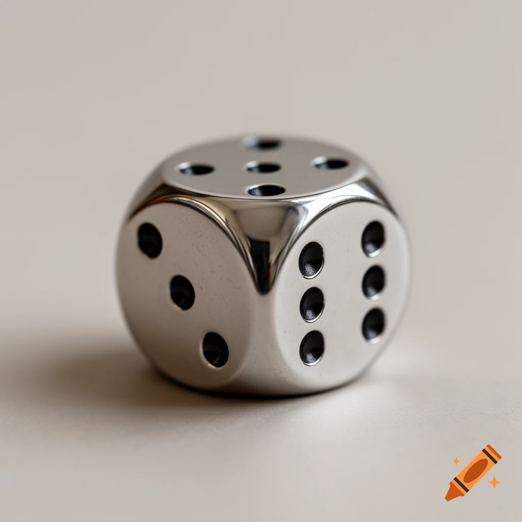 A close-up, photorealistic shot of a shiny, metallic silver die with rounded edges, showing faces with three, five, and six pips.