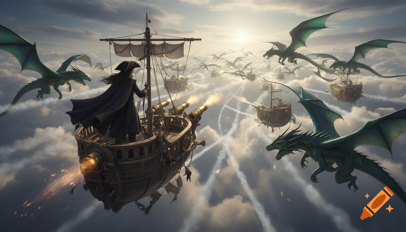 A pirate captain on a flying ship battles a horde of green dragons in the sky amidst clouds, with cannons firing.