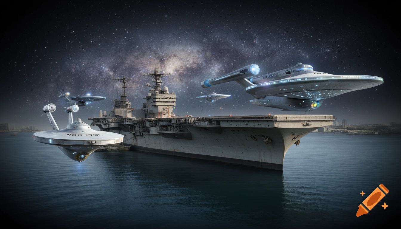 Star Trek USS Enterprise spaceships hover around a naval aircraft carrier in the ocean under a starry galaxy sky.