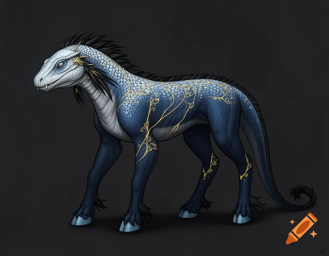 A blue and white fantasy creature with reptilian scales, a black mane, and golden glowing vine-like markings stands against a dark background.