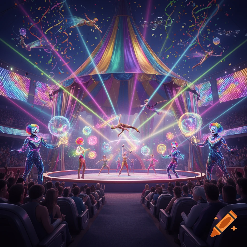 A vibrant, futuristic digital circus show with colorful clowns, acrobats, and a big top, illuminated by neon lights and lasers.