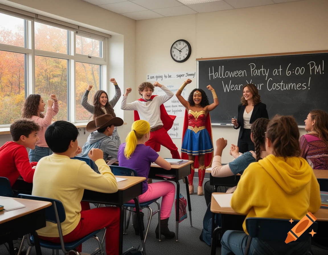 Students in a classroom, some dressed in superhero and cowboy costumes, cheer in front of a chalkboard advertising a Halloween party.