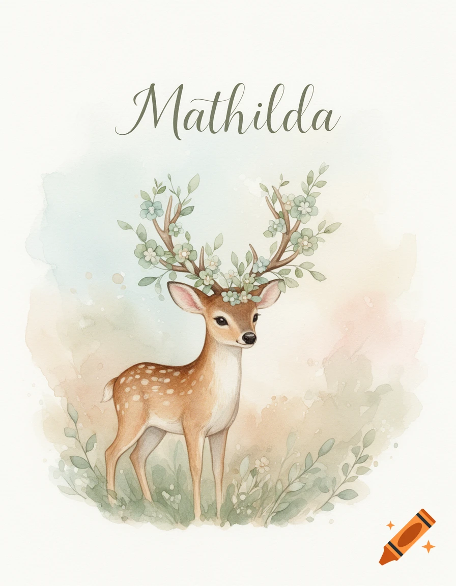 Watercolor illustration of a fawn with antlers adorned with green leaves and flowers, standing in grass, with the name 'Mathilda' written above.