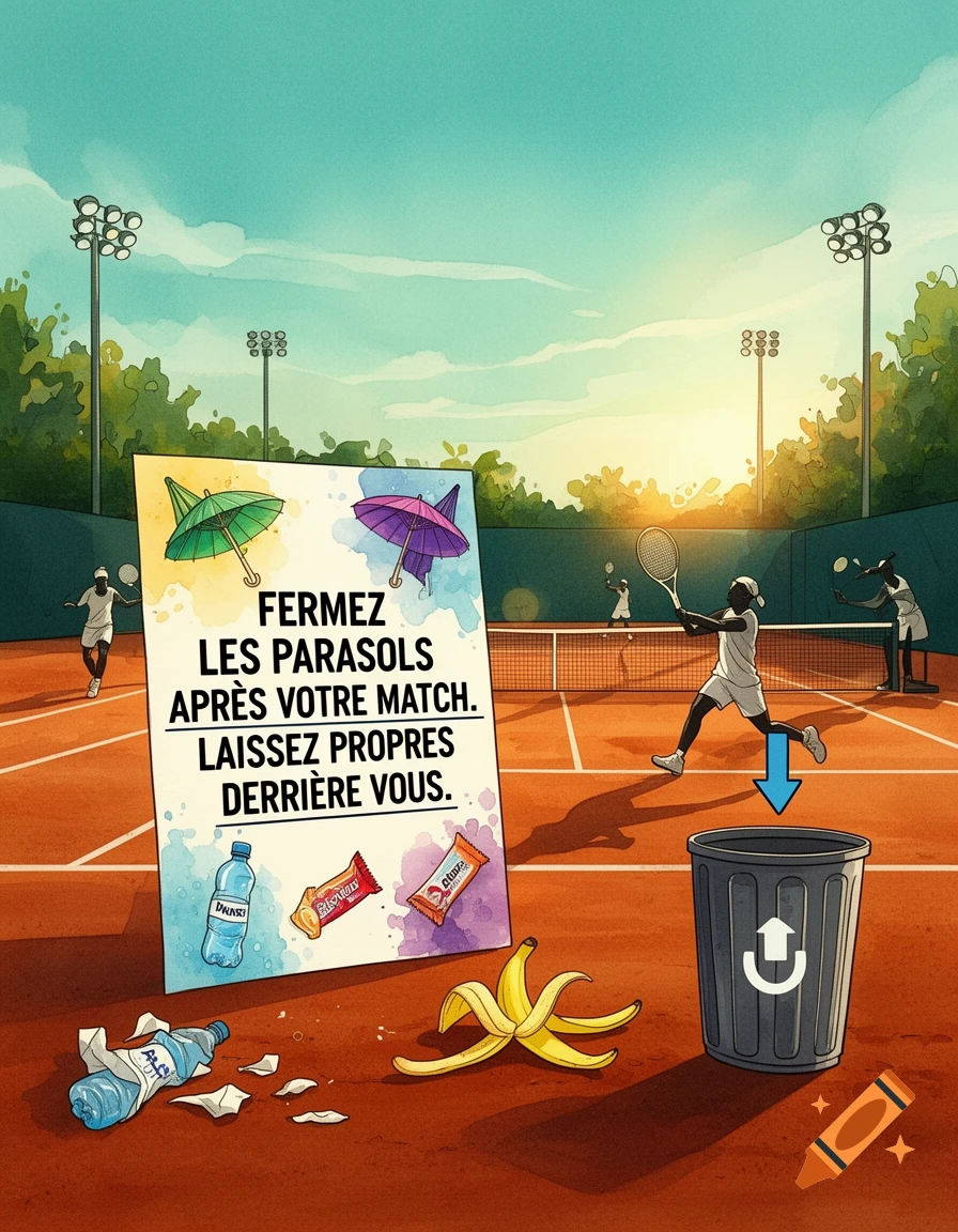An illustrated tennis court scene with players, featuring a large sign that reads, "Close the umbrellas after your match. Leave clean behind you." A discarded banana peel, crumpled water bottle, and trash are near a trash can, with an arrow pointing to it.