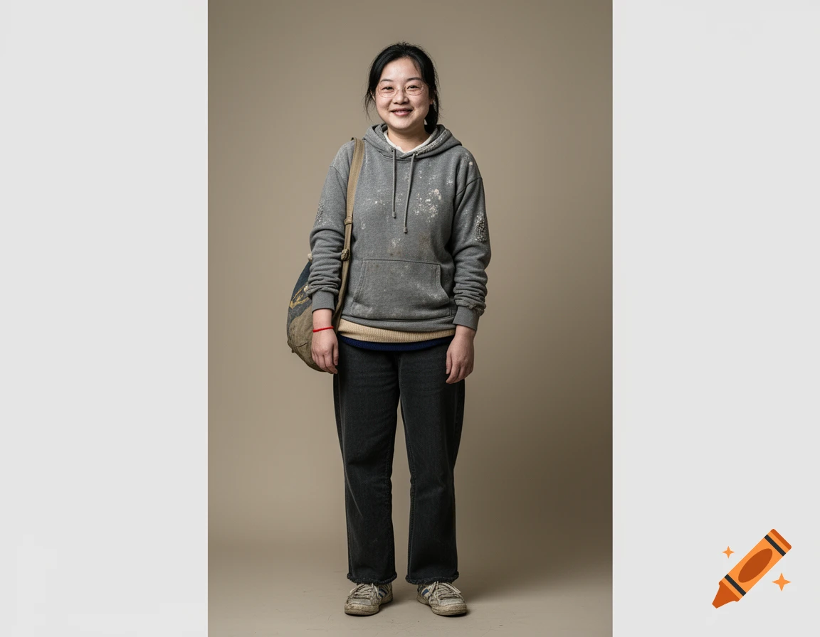 A full body portrait of a smiling young woman with dark hair, wearing a gray hooded sweatshirt, dark pants, and a canvas bag over her shoulder, standing against a beige background.