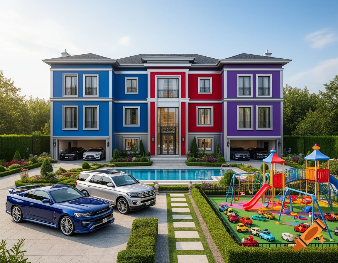 A vibrant mansion with blue, red, and purple sections, featuring a driveway with a blue sports car and a silver SUV, a swimming pool, and a large colorful playground with mini toy cars.