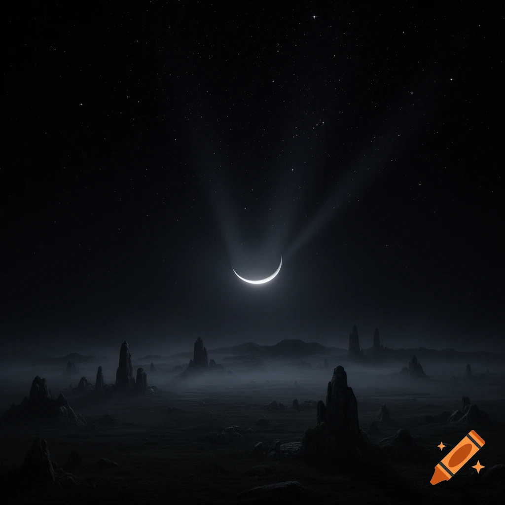Dark, misty alien landscape under a crescent moon with glowing rays and a star-filled sky.