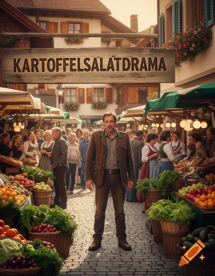 A man in a brown suit stands in a bustling market street with fruit stalls, under a sign reading "KARTOFFELSALATDRAMA".