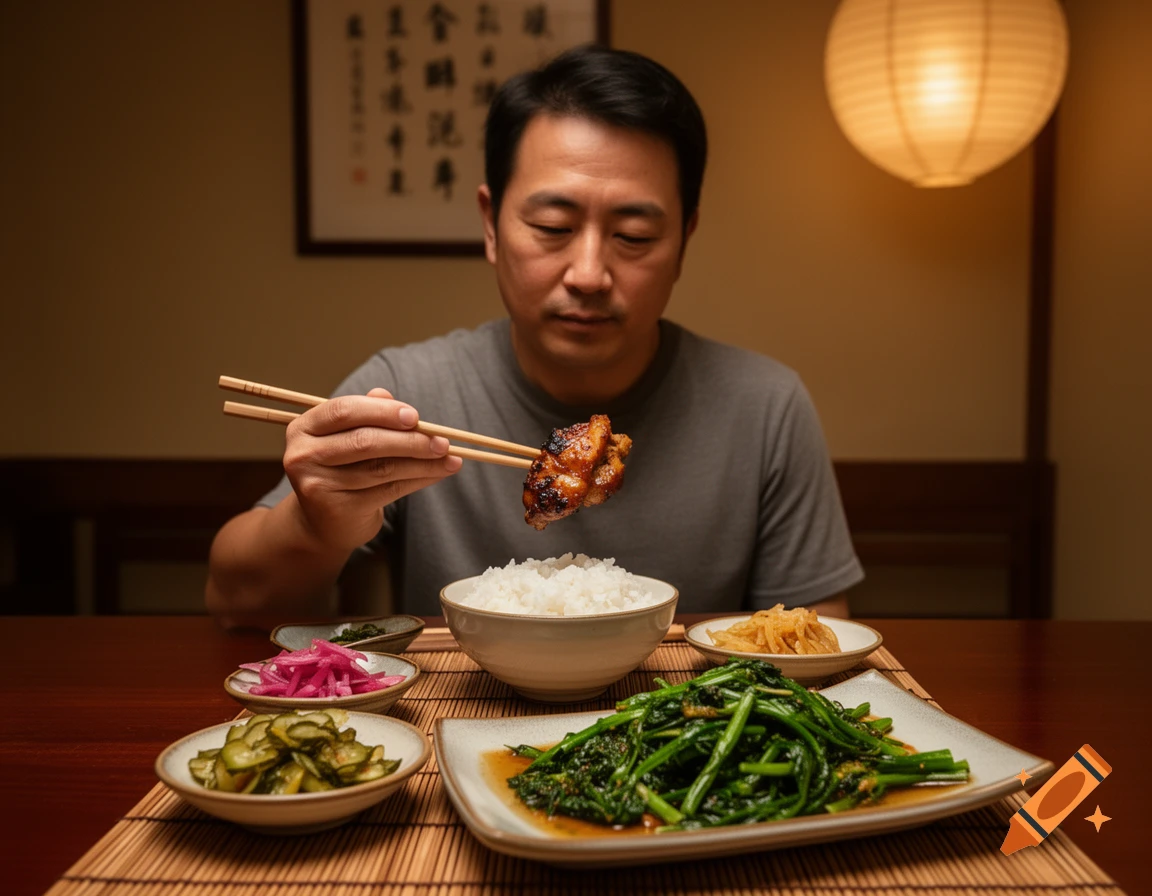 An Asian man holds a piece of glazed meat with chopsticks over a bowl of white rice, with several side dishes on a wooden table.