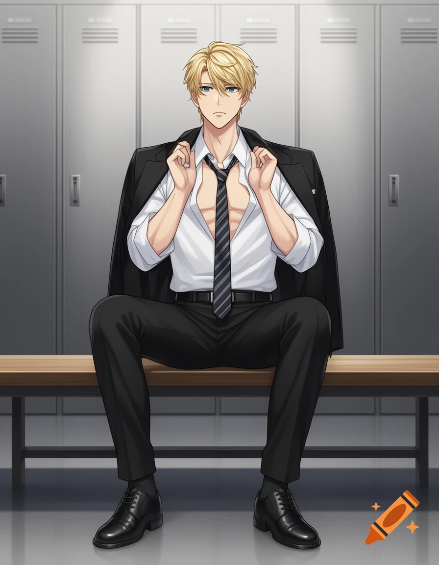Anime illustration of a handsome blond man in an unbuttoned white shirt and black suit, sitting on a bench in a locker room.