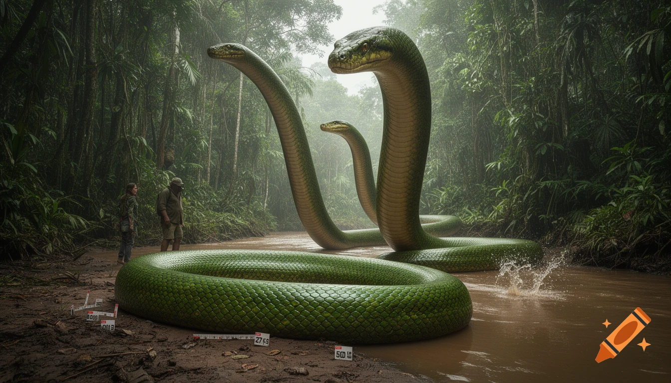 Two humans stand in a dense jungle by a muddy river with three colossal green snakes towering over them, featuring measuring tape markers on the ground in a hyper-realistic, scientific documentary style.