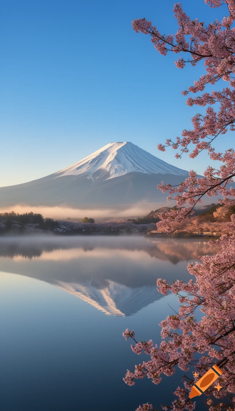 Snow-capped Mount Fuji reflected in a calm lake, with vibrant pink cherry blossoms framing the foreground under a clear blue sky.