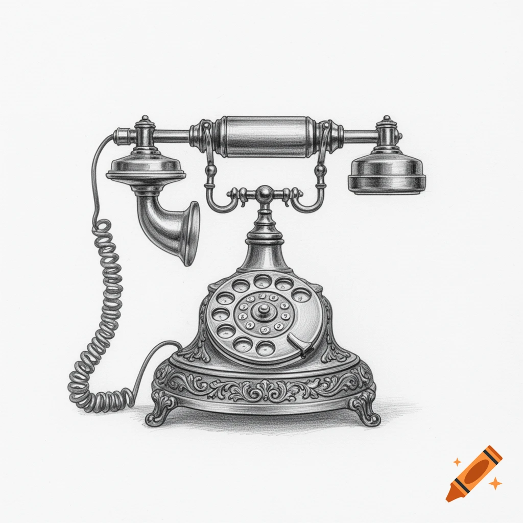 Pencil line drawing of an ornate Victorian-style rotary telephone with a handset and coiled cord.