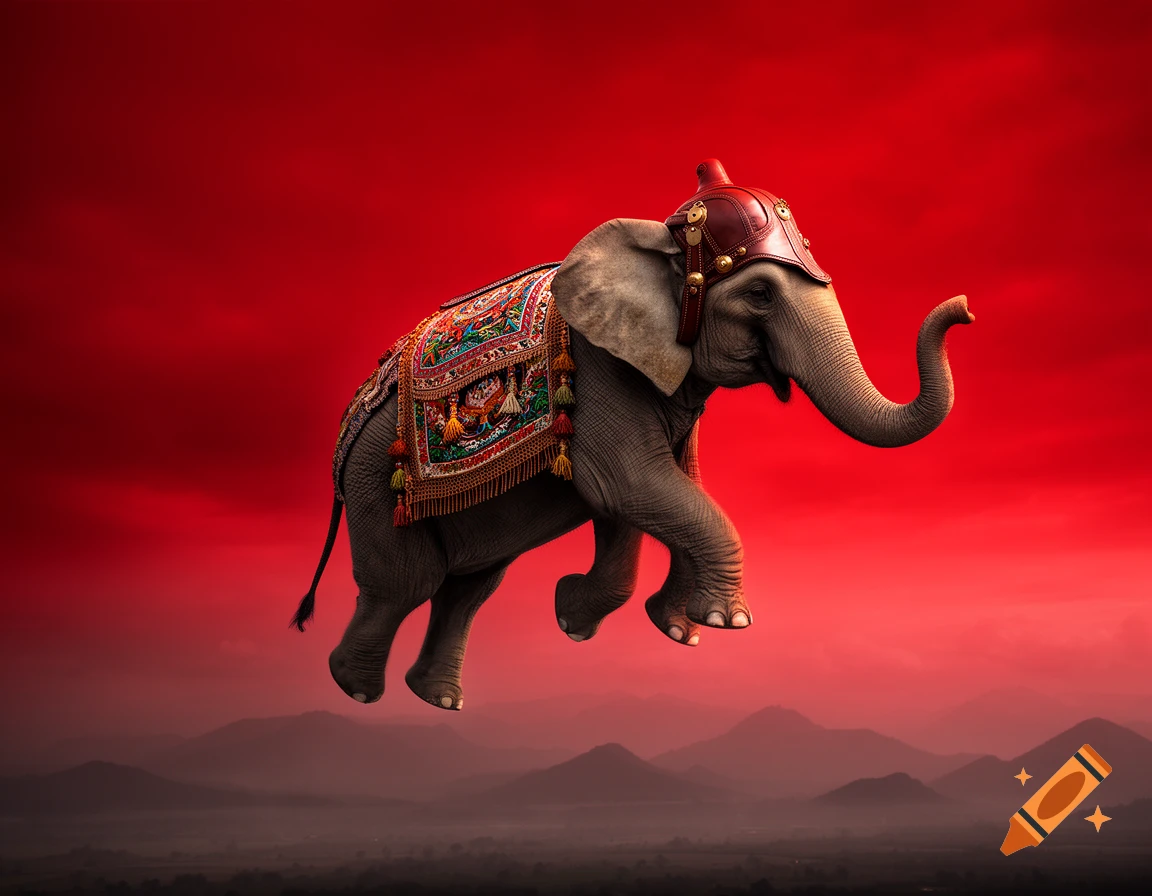A majestic elephant with a decorative saddle and helmet flies against a dramatic red sky over shadowy mountains.