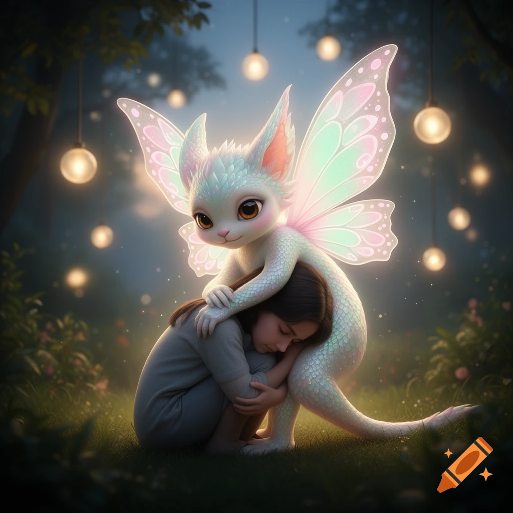 A cute, winged, scaly fantasy creature with big eyes hugs a small child curled up on the grass in a magical forest with glowing lights.