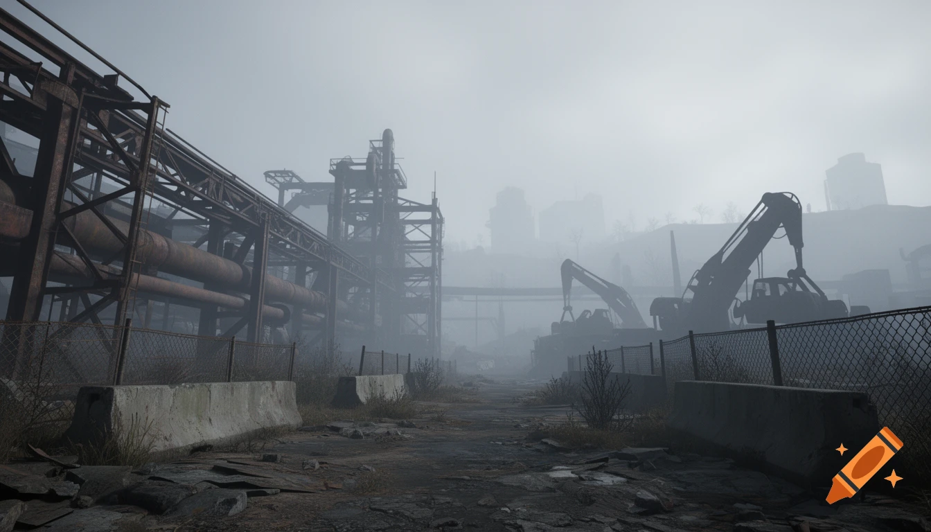 A desolate, foggy industrial landscape with rusting structures, heavy machinery, and concrete barriers on a dirt road.