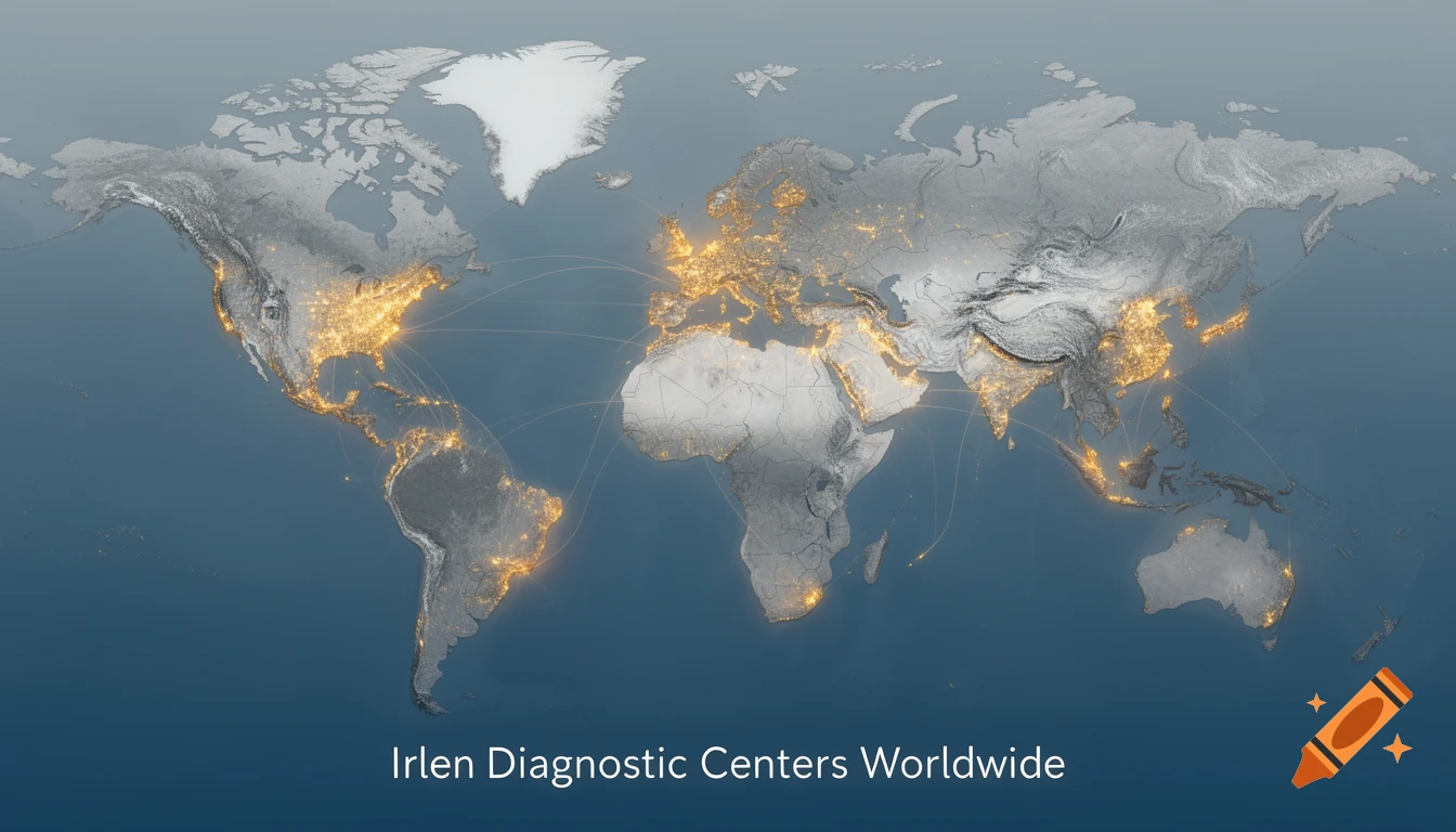 A digital world map with illuminated city clusters representing Irlen Diagnostic Centers worldwide, connected by thin lines. The text 'Irlen Diagnostic Centers Worldwide' is at the bottom.