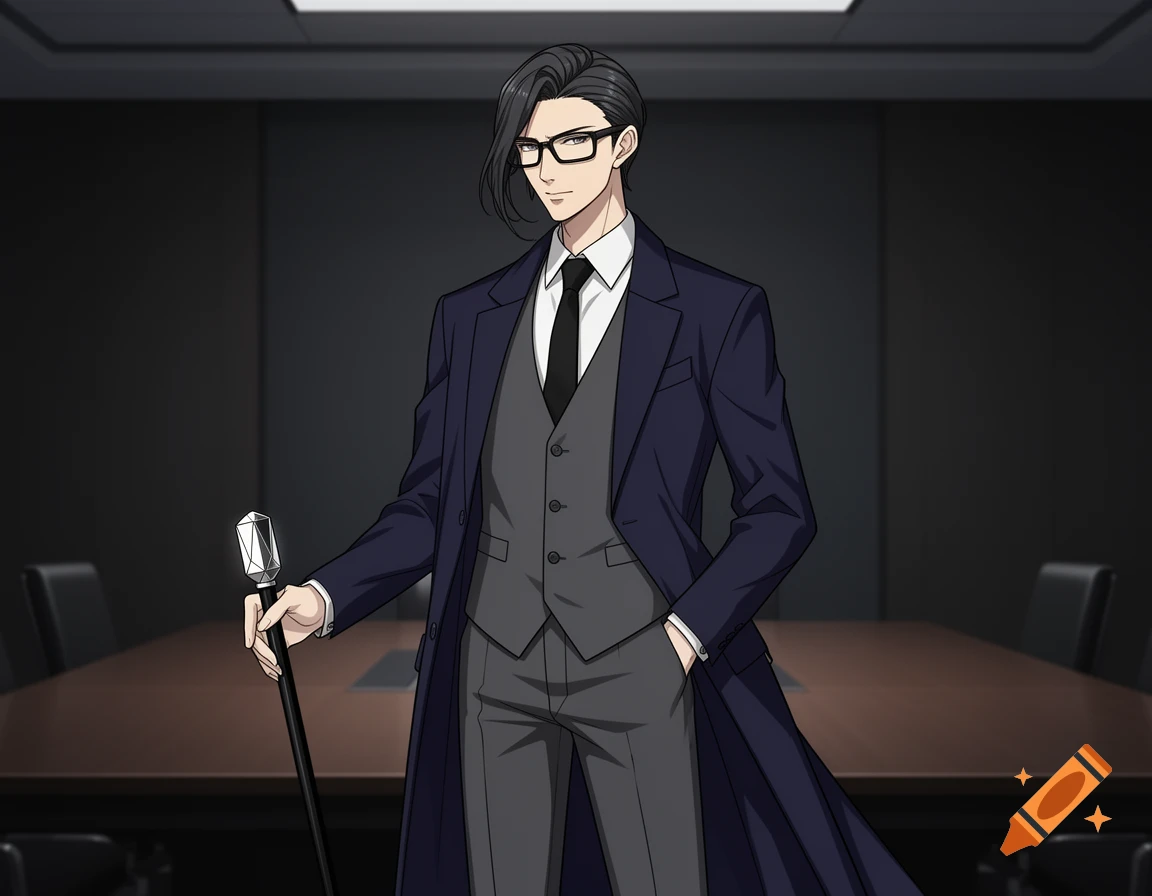 A sleek anime-style male executive in a navy coat and grey suit, holding a cane, standing in a dark corporate boardroom.
