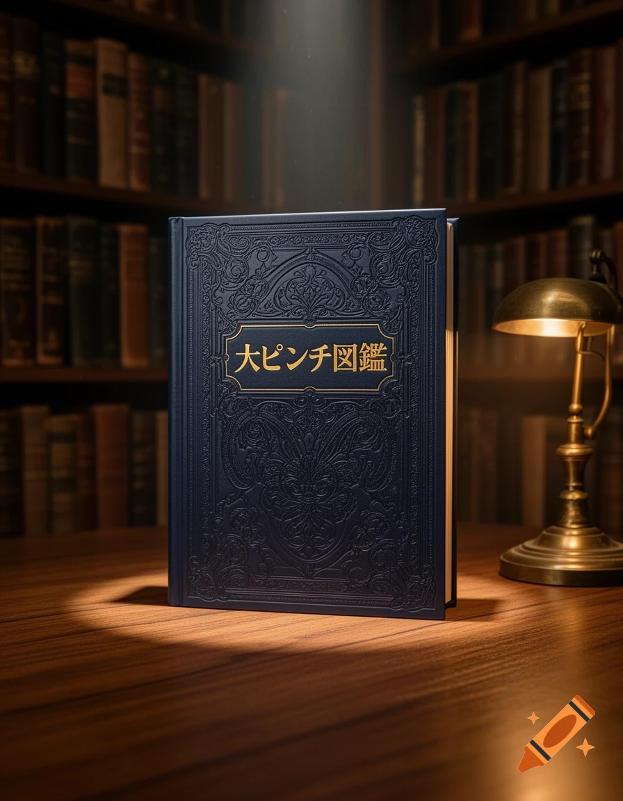 A dark blue book with gold embossed text, '大ピンチ図鑑', sits on a wooden table under a spotlight in a library, with a brass lamp beside it.