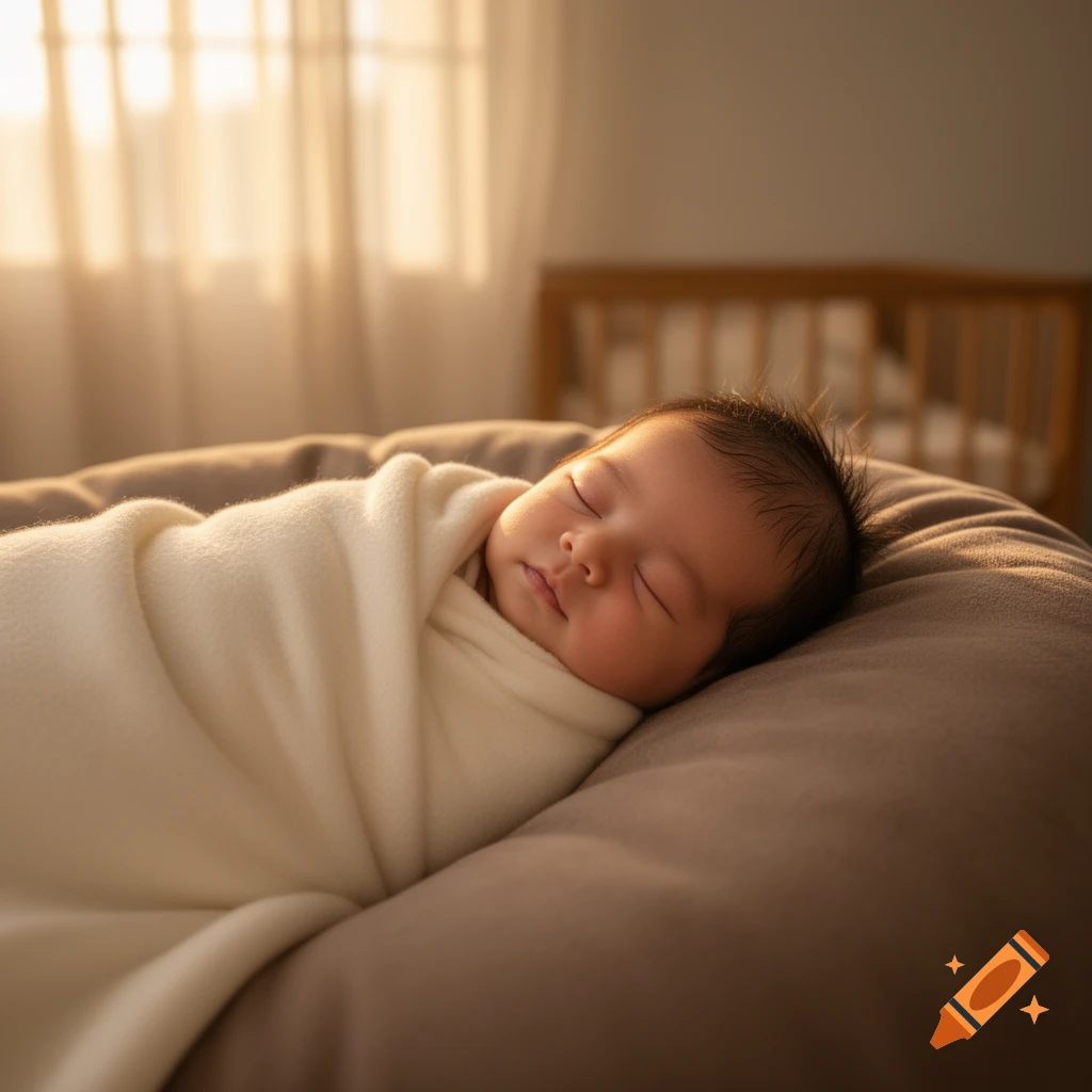 A close-up, warm-lit shot of a swaddled newborn baby sleeping peacefully on a soft surface in a bedroom, photorealistic.