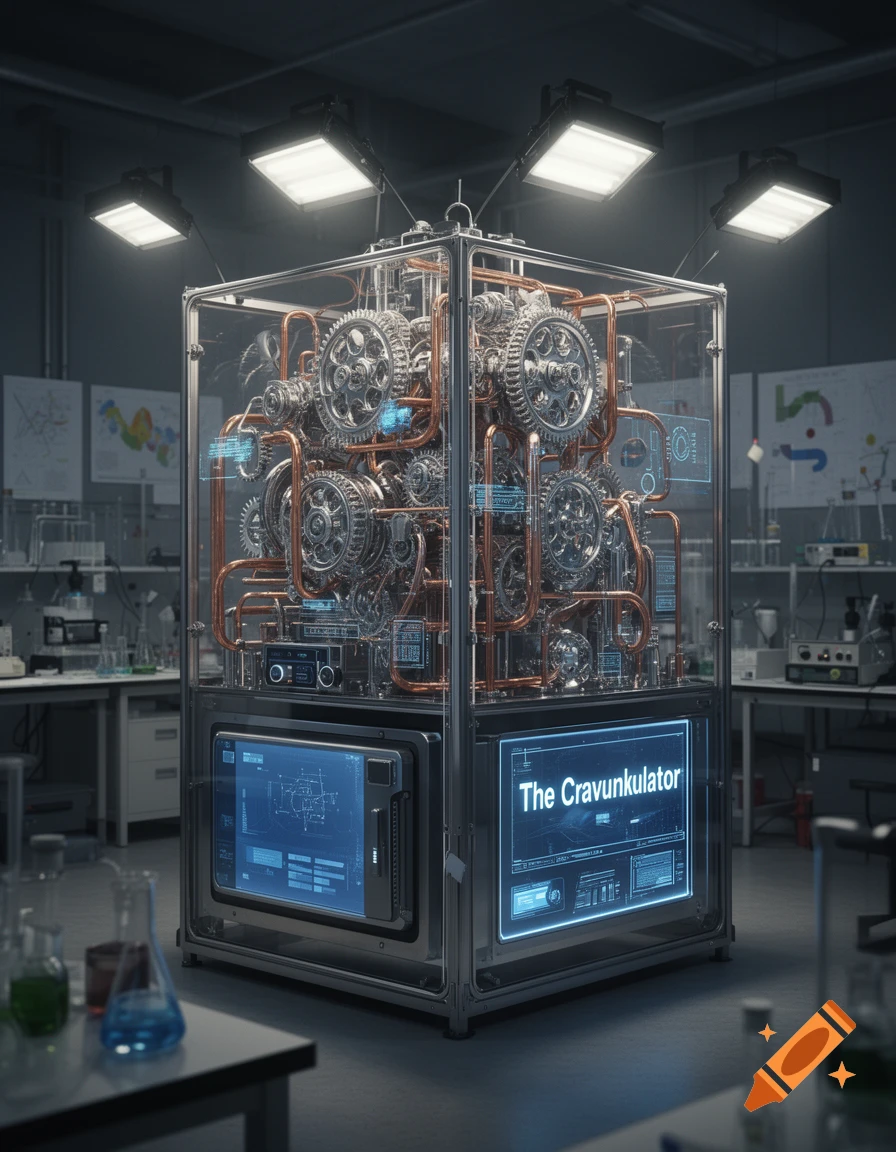 A complex machine, 'The Cravunkulator,' in a glass case with gears and copper pipes, displayed in a dim laboratory.