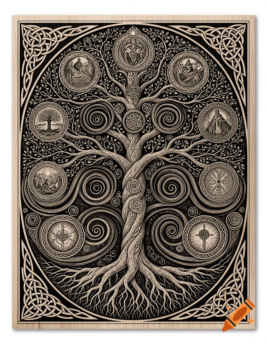 Detailed black and white illustration of a Celtic Tree of Life with intricate roots, branches, spirals, and symbolic medallions.