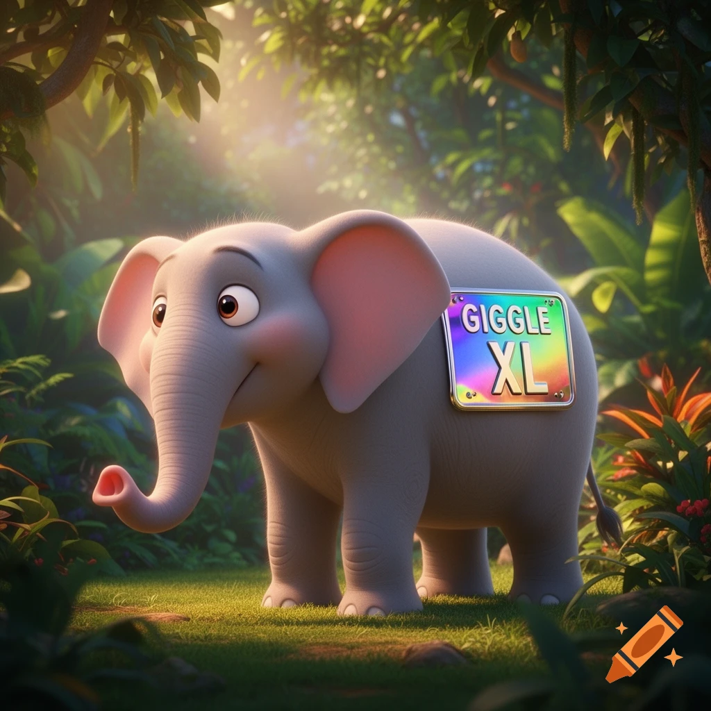 A Pixar-style cartoon elephant stands in a lush jungle, wearing a colorful 'GIGGLE XL' license plate on its back.