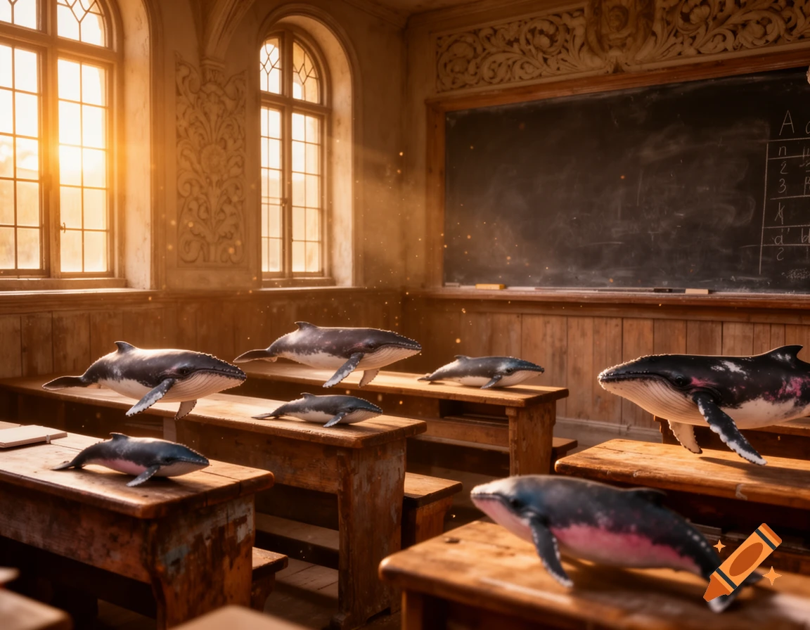 Photorealistic whales of various sizes sit on wooden desks in a sunlit, antique classroom with a blackboard.