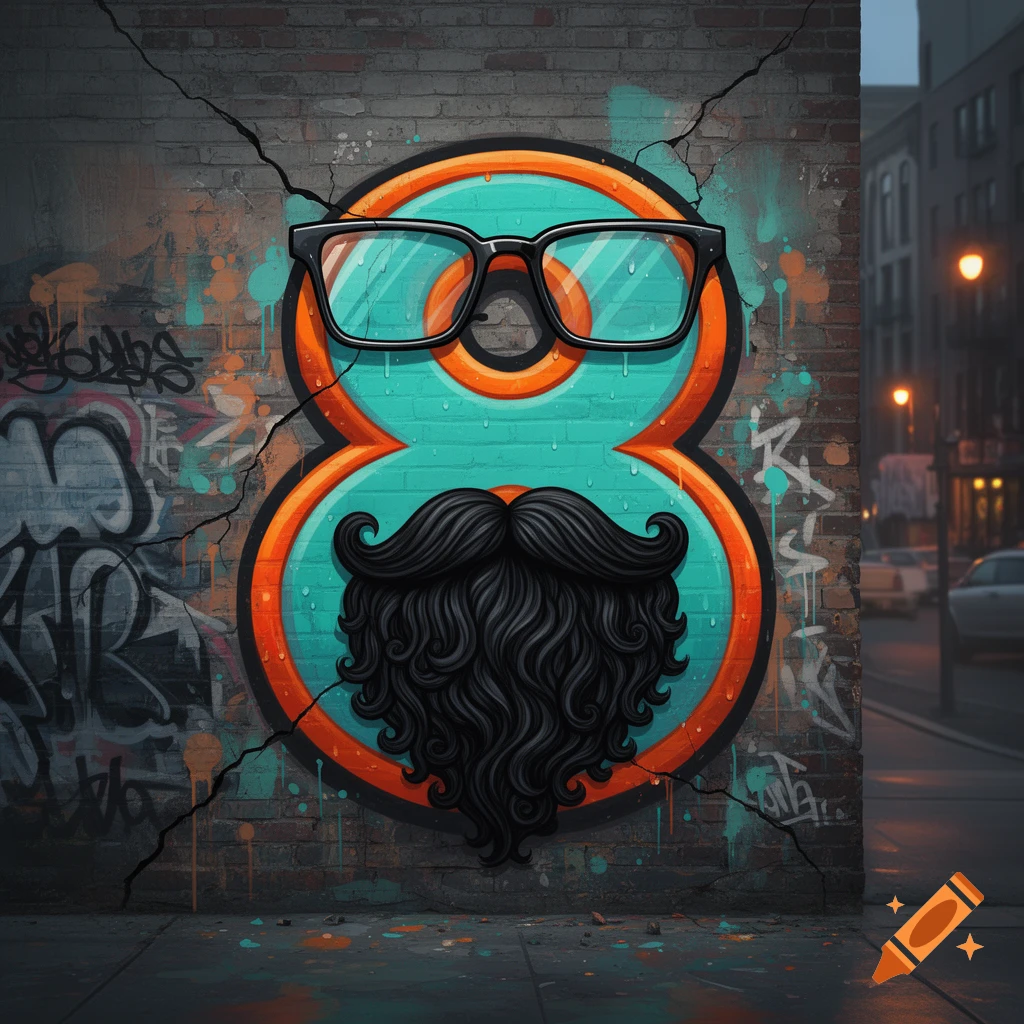 A large, teal and orange graffiti number 8 with black glasses, a mustache, and a beard, painted on a brick wall with other graffiti.