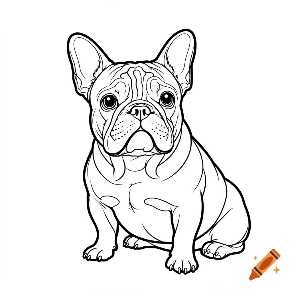 Black and white line art of a French Bulldog sitting, styled as a coloring book page.