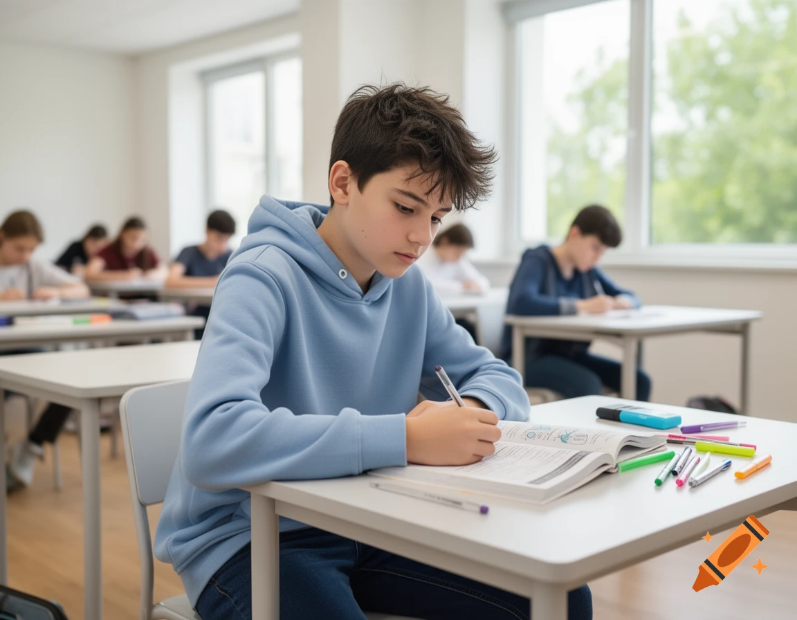A student in a light blue hoodie sits at a desk in a classroom, writing in an open textbook with several colorful markers nearby.