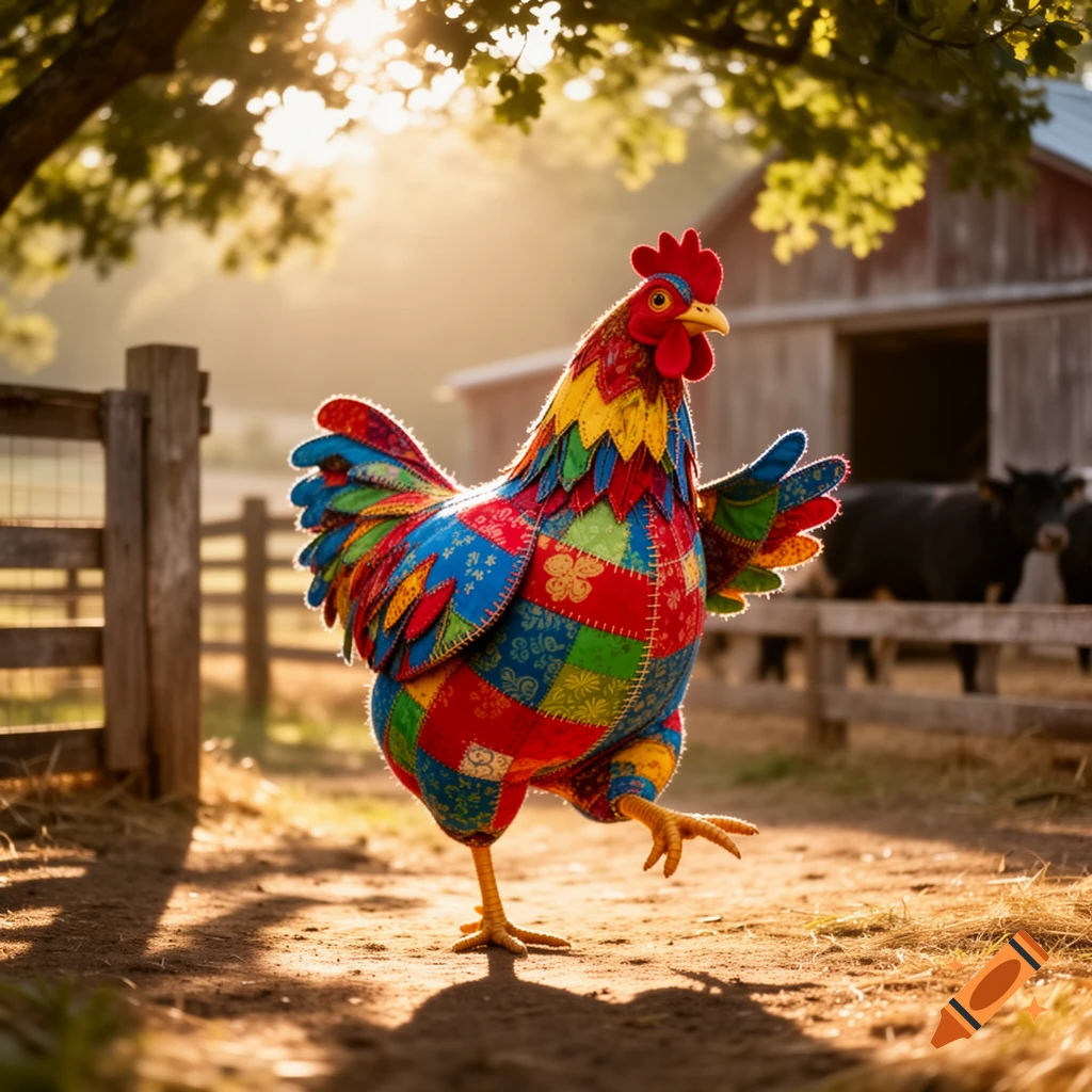 A vibrant patchwork chicken struts on a sunny farm path with a barn and cattle in the background.