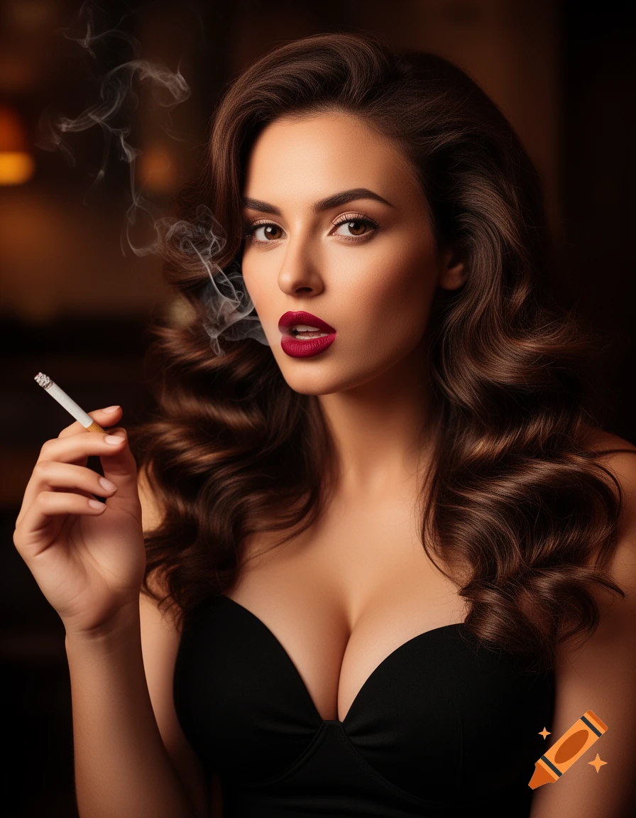 Photorealistic portrait of a glamorous brunette woman with red lipstick, wearing a black dress, holding and smoking a cigarette.