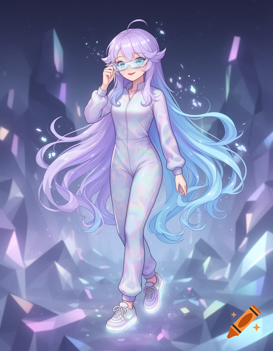Anime girl with lavender and blue hair, futuristic glasses, white iridescent jumpsuit, and glowing sneakers in a sparkling crystalline world.