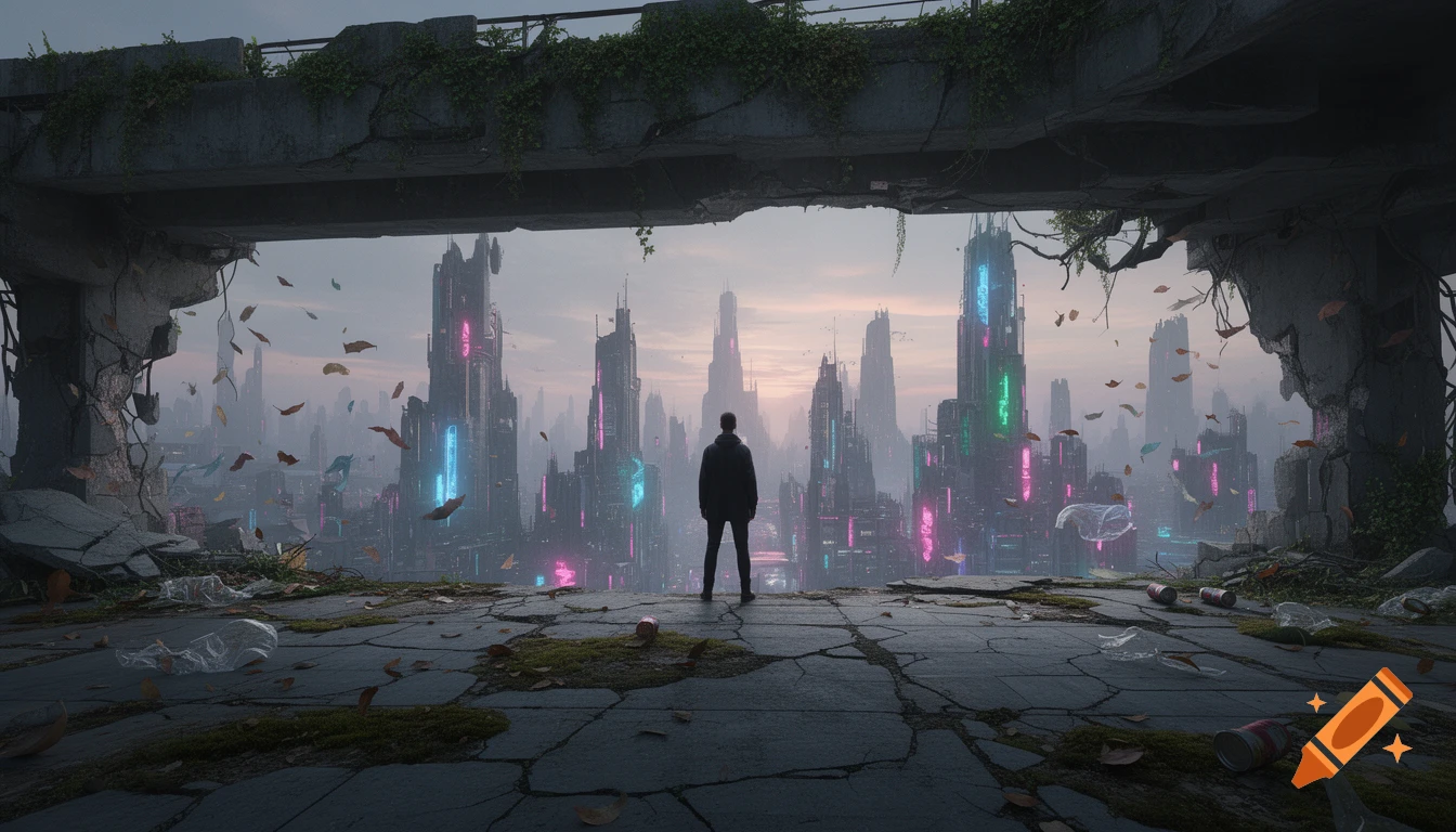 A lone figure on a crumbling overpass views a decaying cyberpunk city with neon-lit skyscrapers and debris under a cloudy sky.