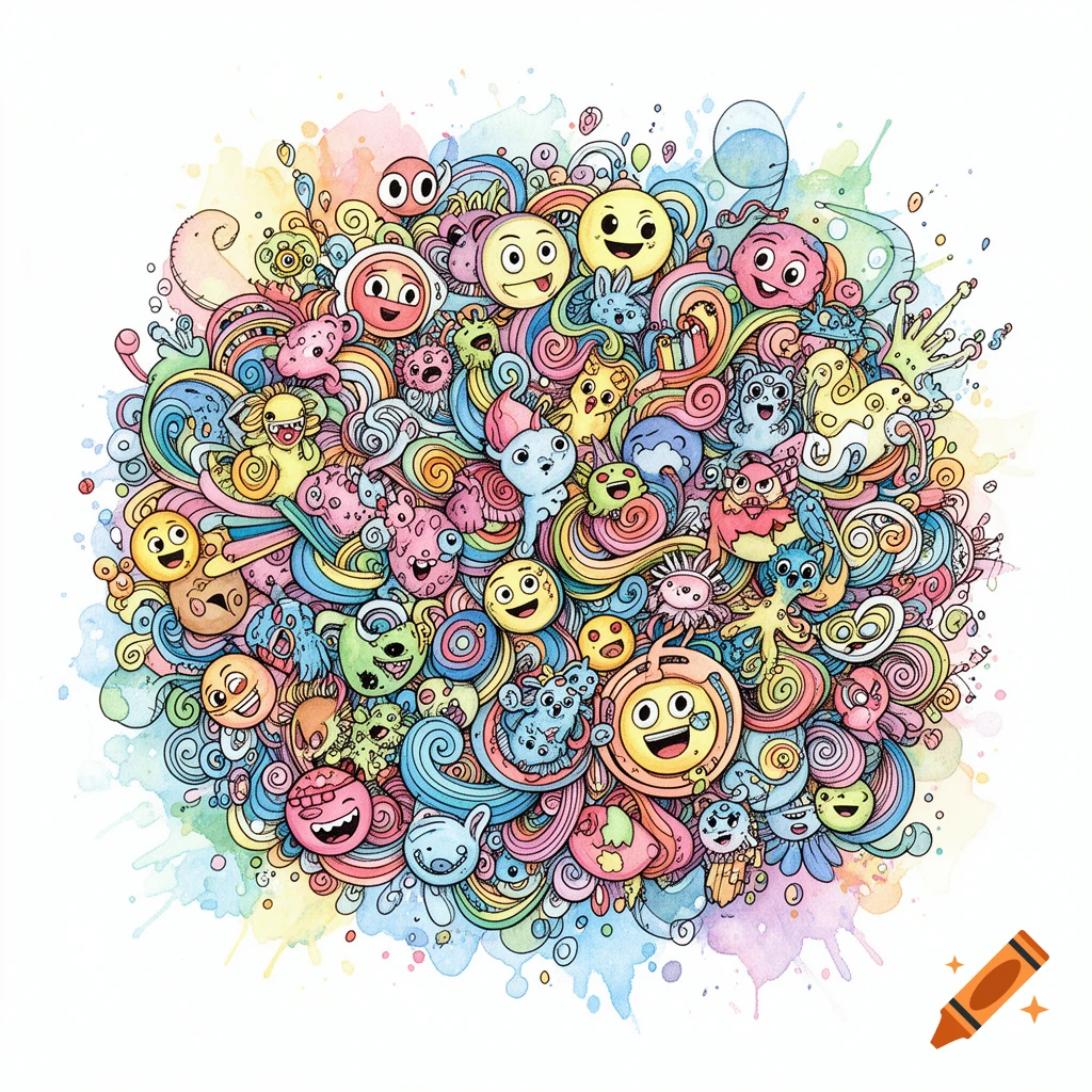 Colorful intricate doodle art illustration filled with cartoon faces, creatures, and swirling patterns with watercolor splashes.