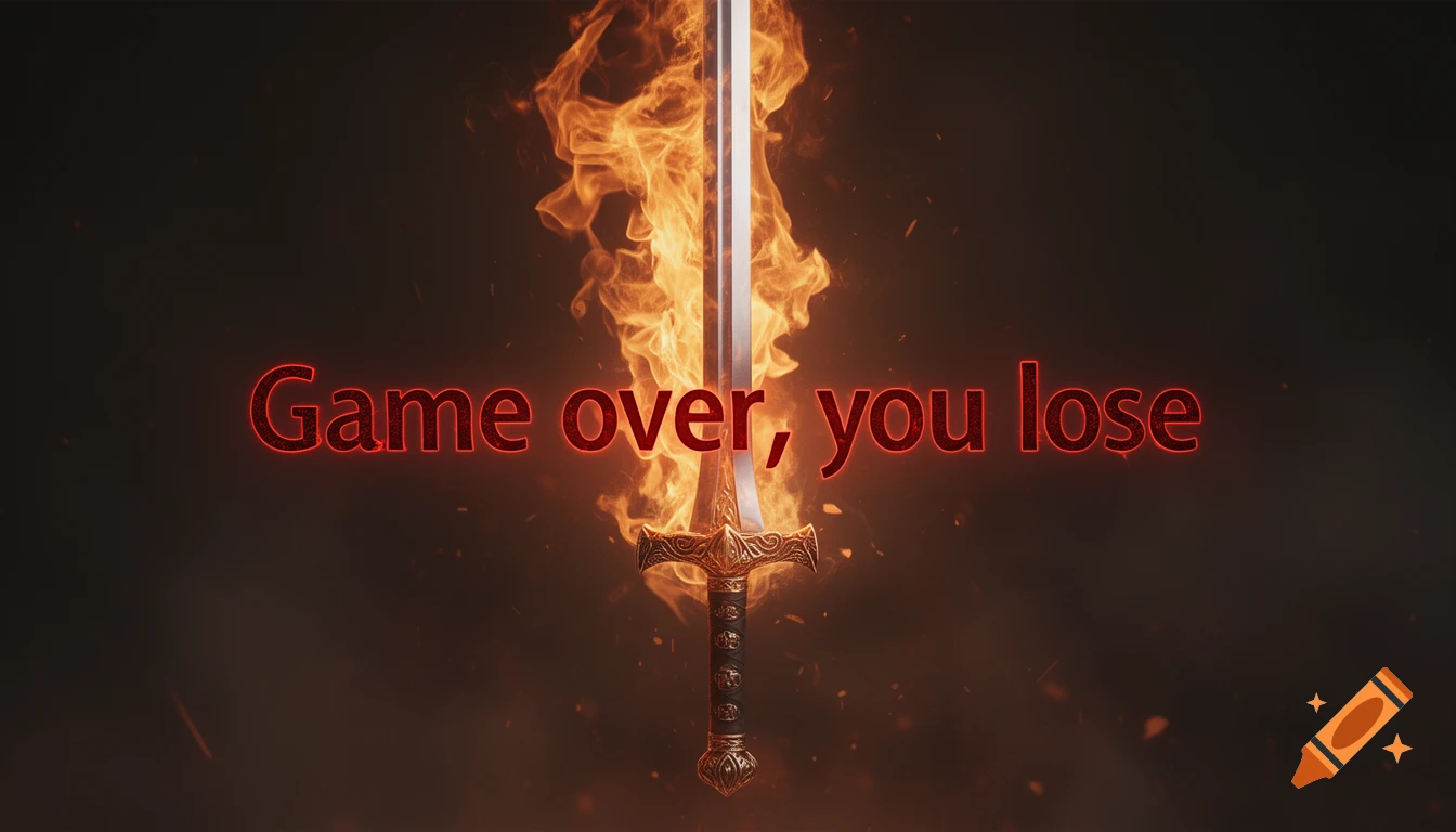 A flaming sword stands upright against a dark, smoky background, with the words 'Game over, you lose' glowing in red.