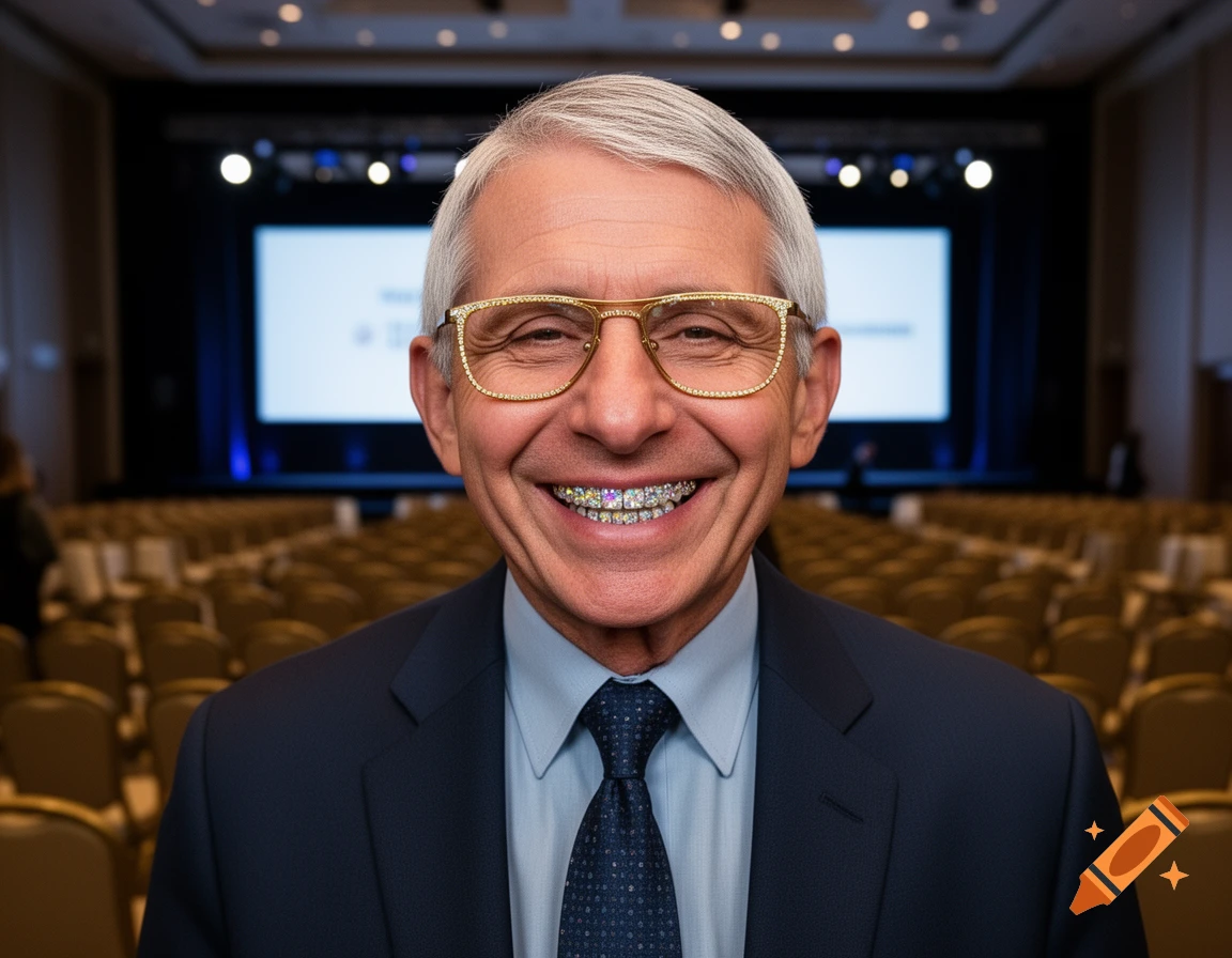 Anthony Fauci smiles, wearing diamond glasses and a diamond grill, in a conference hall.