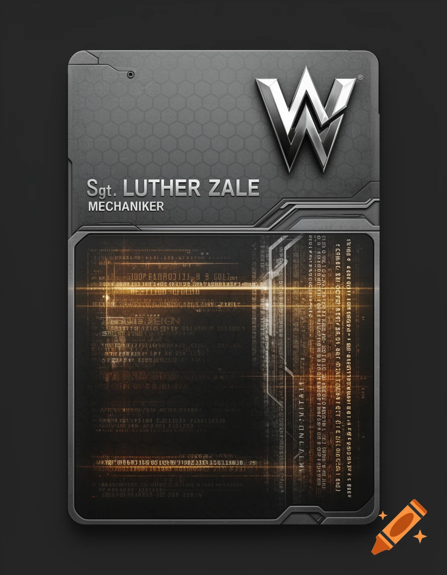 A futuristic, dark grey ID card for Sgt. Luther Zale, a Mechaniker, featuring a silver 'W' logo and glowing digital text.