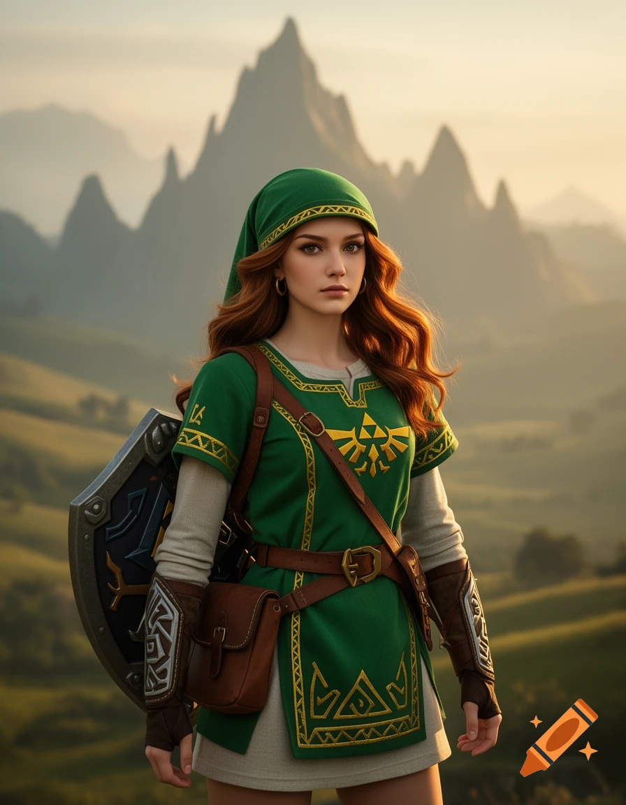 A female character resembling Link from Zelda stands in a mountainous fantasy landscape at sunset, wearing a green tunic, brown satchel, and carrying a shield.
