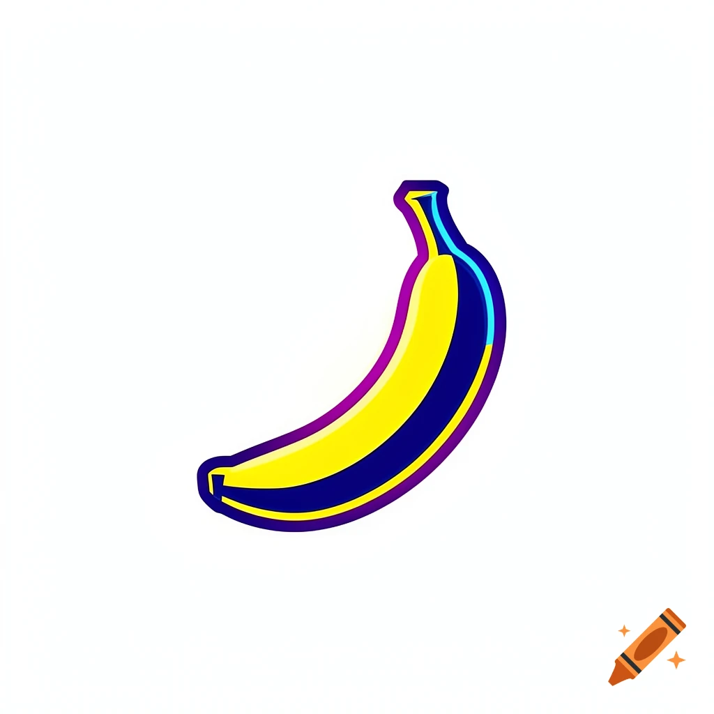 A stylized banana with vibrant yellow and blue stripes and a purple outline, set against a white background.