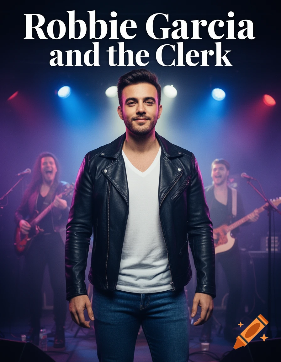 A man in a leather jacket stands center stage under colorful lights with two blurred musicians playing guitars in the background. Text reads 'Robbie Garcia and the Clerk'.