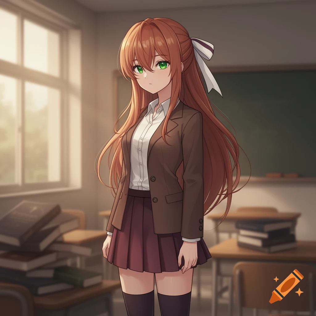 An anime girl with long reddish-brown hair and green eyes, wearing a school uniform, stands in a classroom.