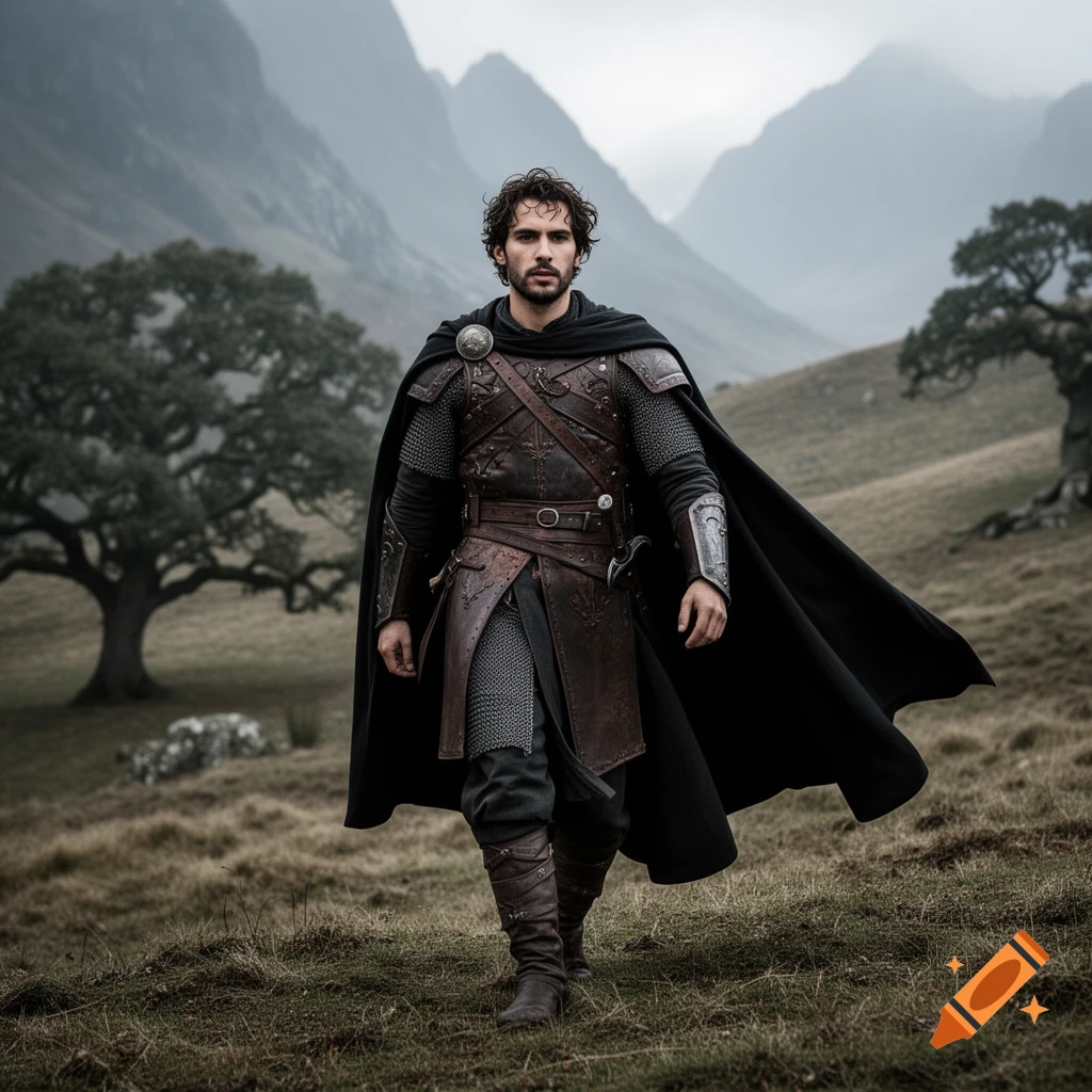 A man with dark curly hair, dressed in dark brown leather armor and a flowing black cape, walks through a misty, grassy mountain landscape.