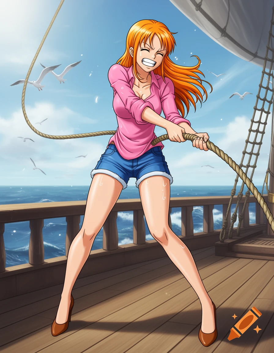 An anime character, Nami from One Piece, on a ship deck, struggling to pull a thick rope with gritted teeth and closed eyes.