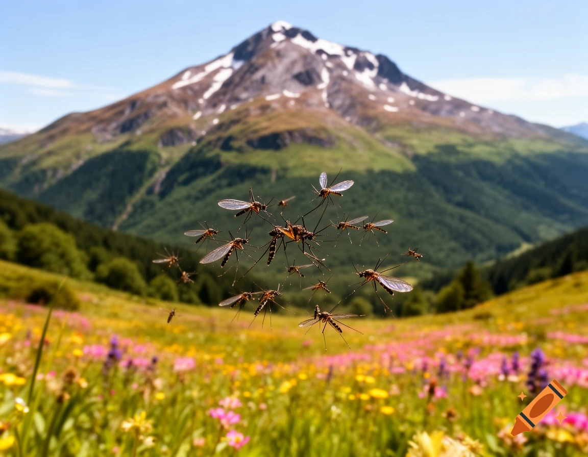 A swarm of mosquitoes hovers over a vibrant field of colorful wildflowers with a majestic snow-capped mountain in the background.