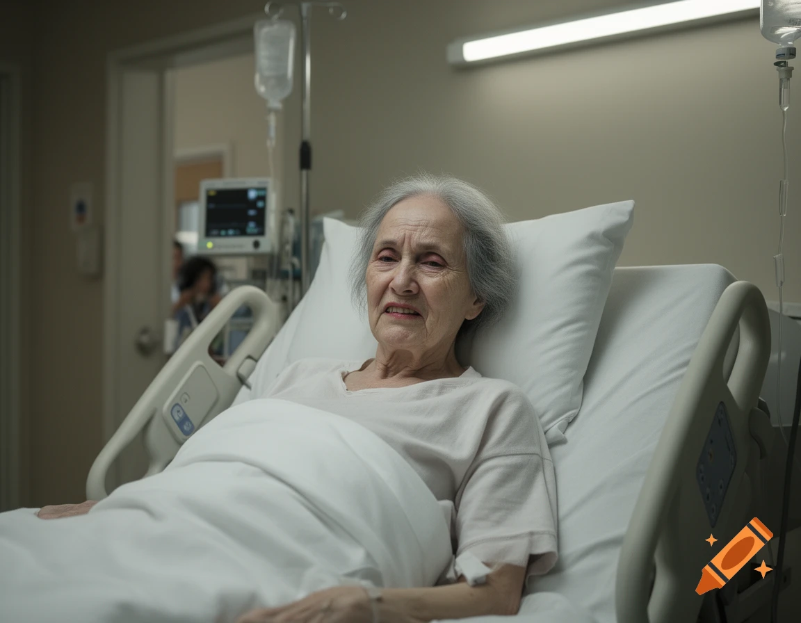 An elderly woman with gray hair lies in a hospital bed, looking distressed, with an IV drip and medical monitor in the background.