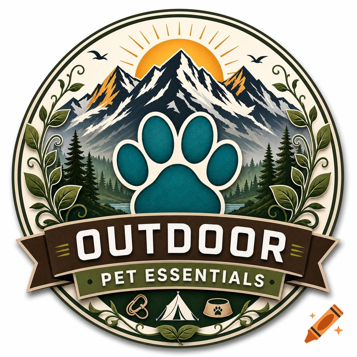 A circular logo with a paw print over mountains, trees, and a lake, with the text "OUTDOOR PET ESSENTIALS" on a banner below.